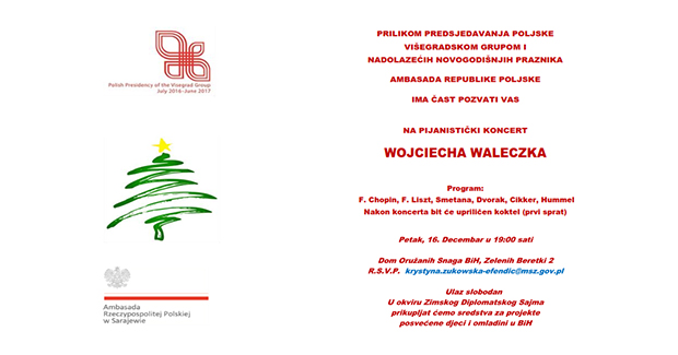 Poljska ambasada u BiH vas poziva na pijanistički koncert Wojciech Waleczek u Sarajevu