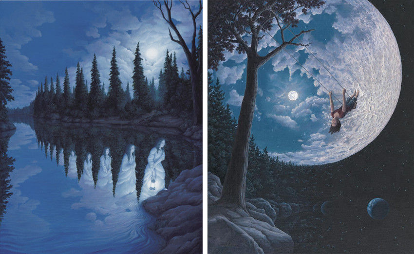 Rob Gonsalves Ladies Of The Lake Left Over the Moon Right images courtesy of Marcus Ashley Gallery