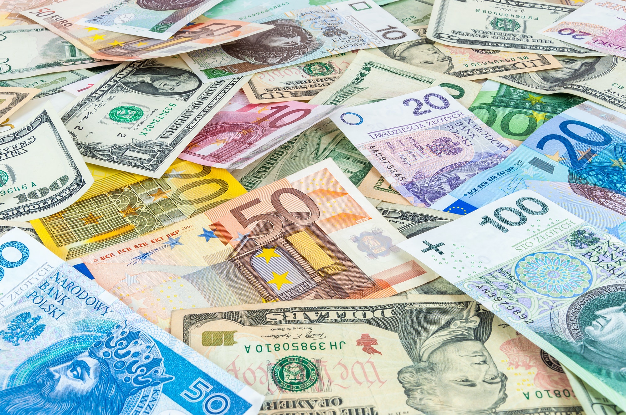 dollar euro and polish zloty money background