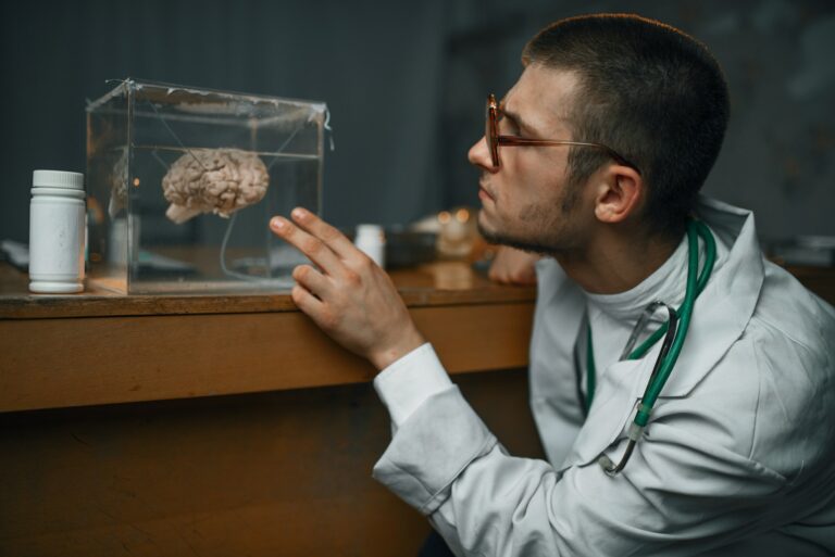 Psychiatrist holds container with the human brain