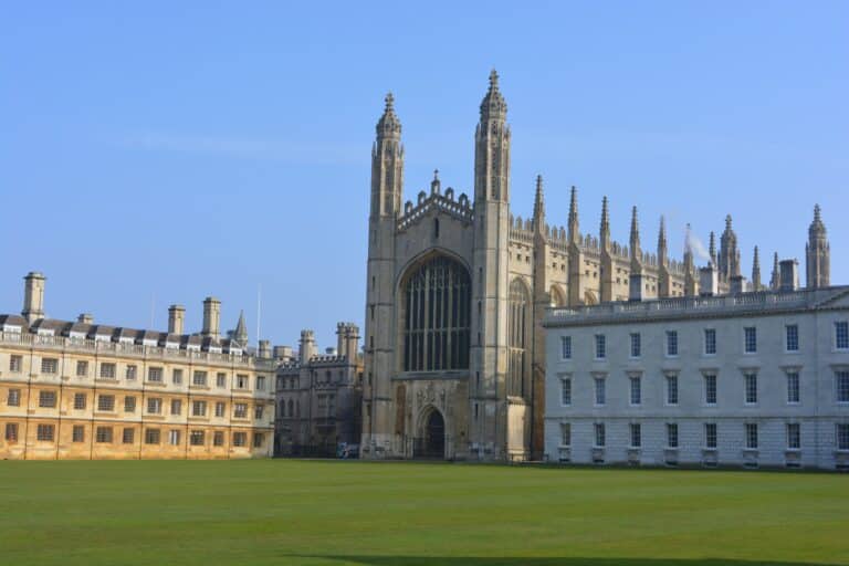 King’s College Chapel and the Back Lawn, University of Cambridge, Cambridgeshire, England.