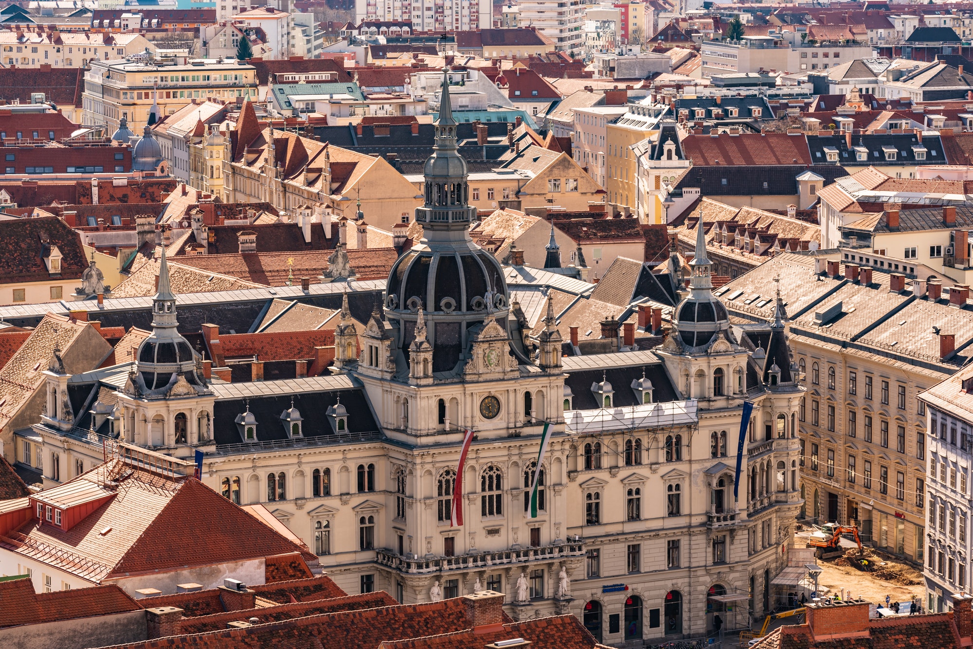 Cityscape of Graz with the Rathaus town hall and historic buildings, in Graz, Styria region, Austria