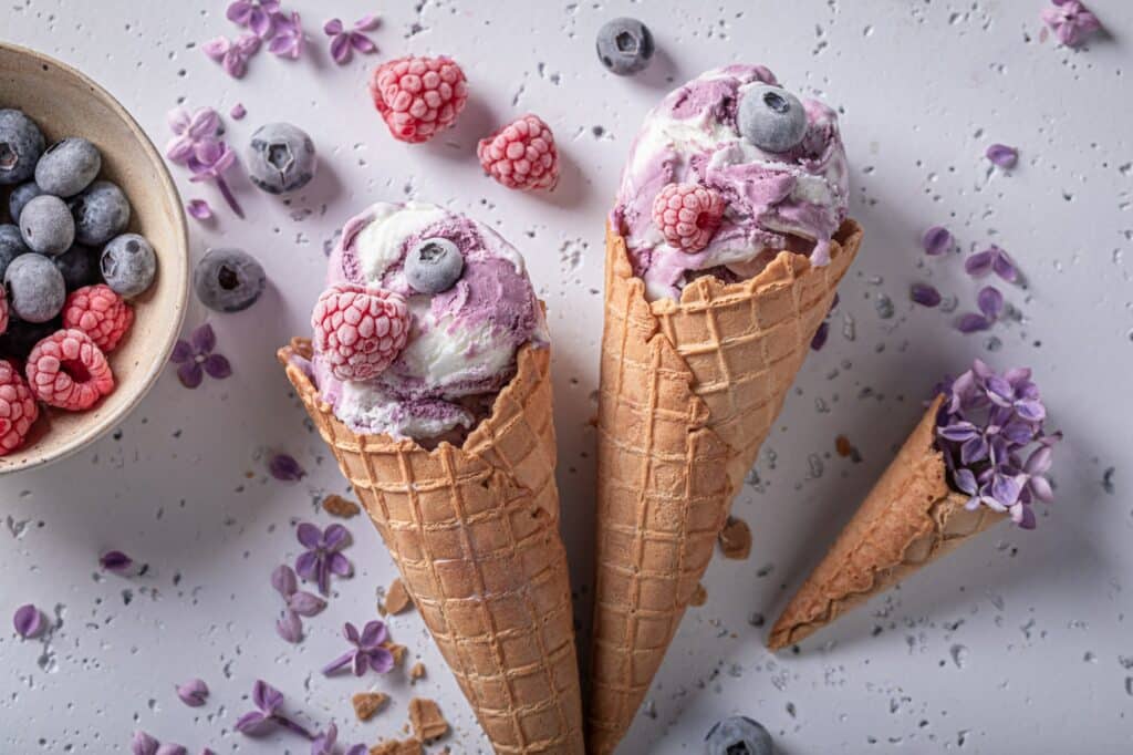 tasty ice cream with blueberries flower flavour ice cream