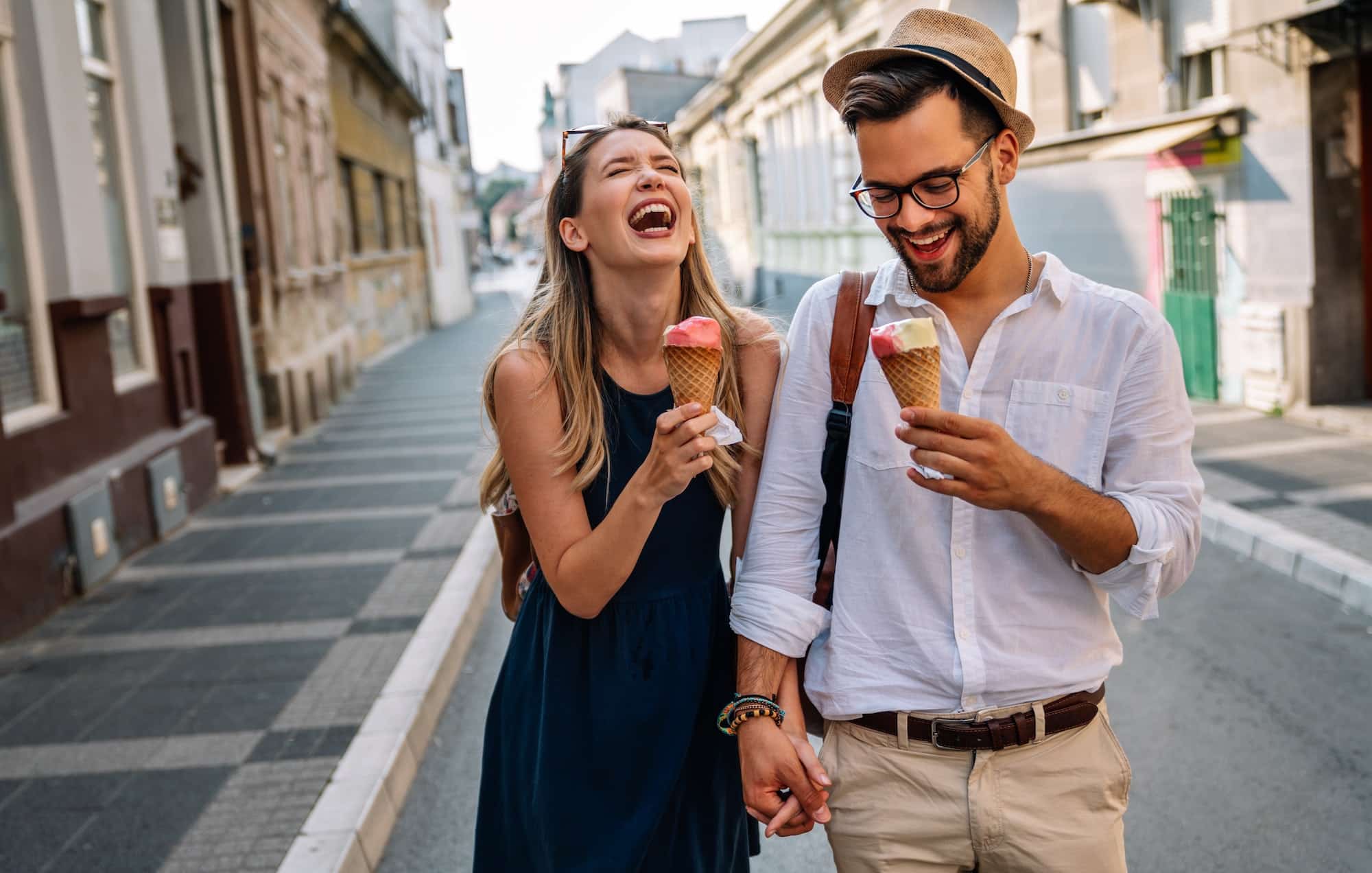 portrait of happy couple having date and fun on vacation people travel happiness concept