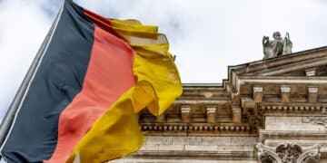 German flag waving in front of the building in Munich, Germany