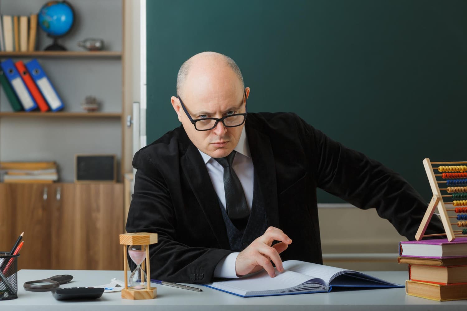 man teacher wearing glasses checking class register looking camera frowningly displeased sitting school desk front blackboard classroom