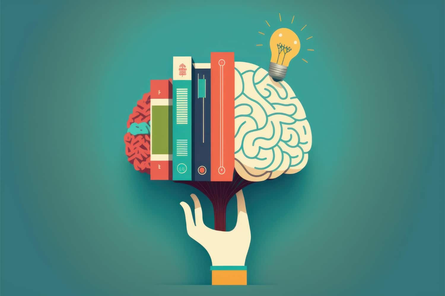 hand holding brain with books beautiful colorful illustration vector style generative ai