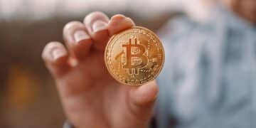 Golden bitcoin in a business woman hand outdoors. Cryptocurrency concept, investing in crypto