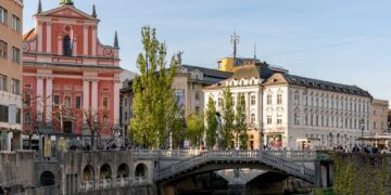 Cityscape of beautiful town with river in Ljubljana, Slovenia.