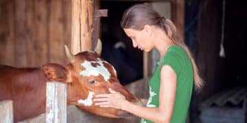 Young woman in the village petting her cow