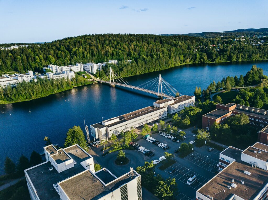 aerial view of campus area with ylist bridge over river to in jyv skyl finland