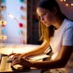 teenage girl studying at home with laptop in bedroom desk at night
